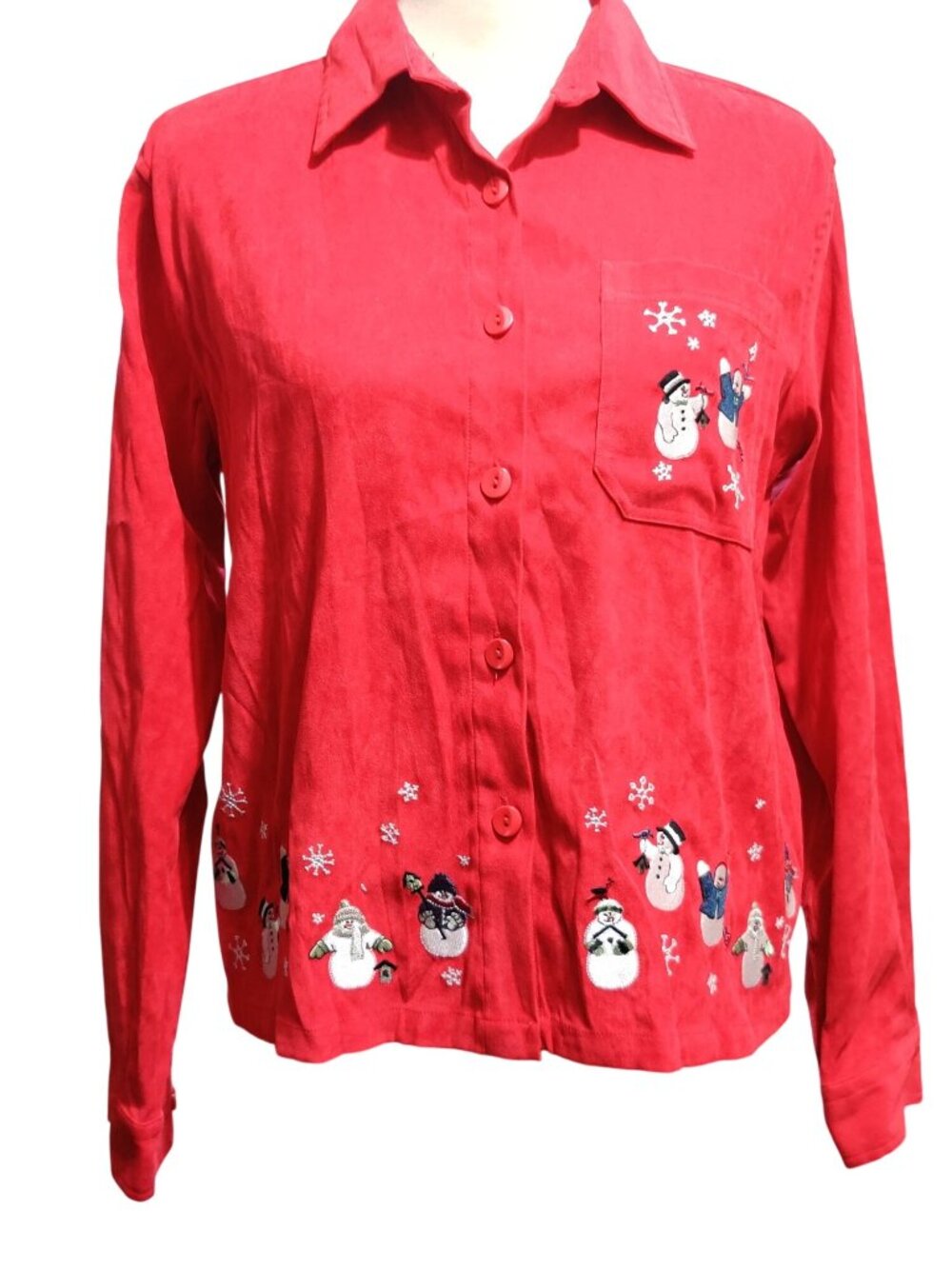 Vintage Christopher & Banks Shirt Size M Red Snowman Embroidered Holiday Festive